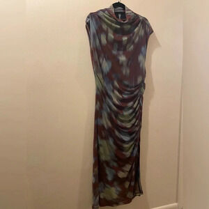 Anthropologie maxi dress - 1X - abstract print- high neck - rouging -cap sleeve.